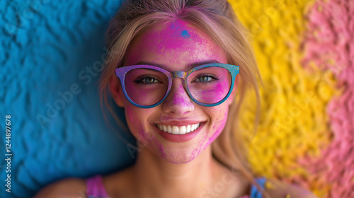 Happy young woman with bright Holi festival colors on face, wearing pink sunglasses, smiling with joy, celebrating cultural tradition and vibrant festive atmosphere. photo