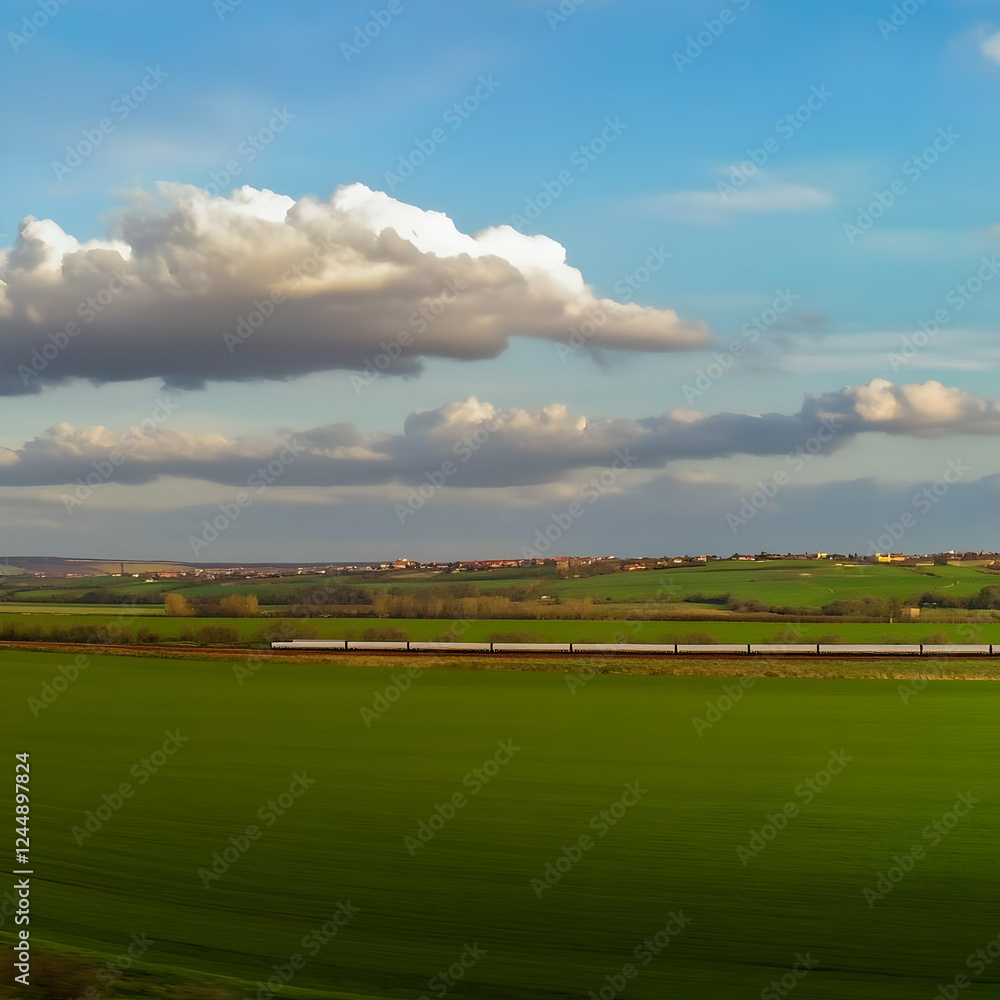 Long White Train Passes Through a Lush Green Field Under a Cloudy Sky Long White Train Passes Through a Lush Green Field Under a Cloudy Sky