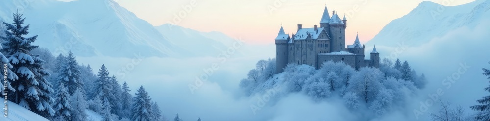 Foggy mist swirling around snow-covered castle walls, morning, fog Foggy mist swirling around snow-covered castle walls, morning, fog