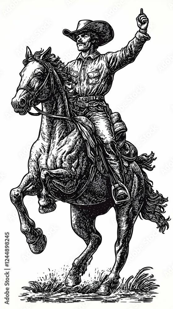 Cowboy Rides a Prancing Horse and Points Upward in Vintage Style Illustration Cowboy Rides a Prancing Horse and Points Upward in Vintage Style Illustration
