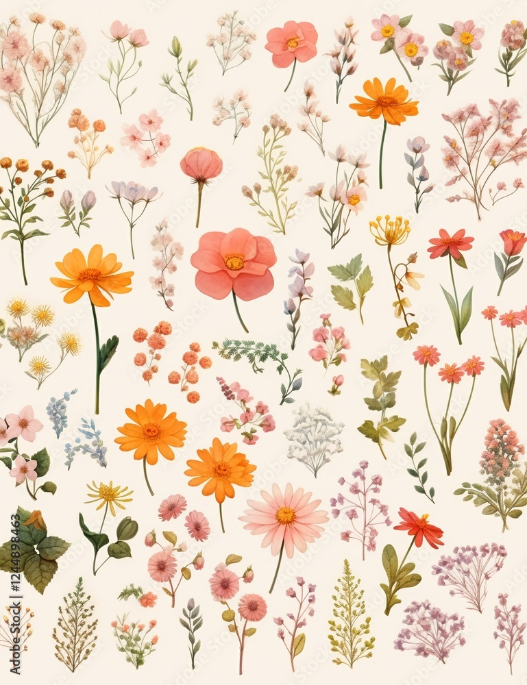 Pressed wildflowers in vibrant colors arranged in a delicate botanical collage on white paper Pressed wildflowers in vibrant colors arranged in a delicate botanical collage on white paper