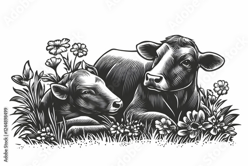 Vintage Illustration: Cow a...