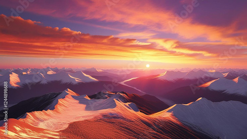a breathtaking view of a golden sunset over serene mountain ranges. Use warm tones like orange, pink, and purple.