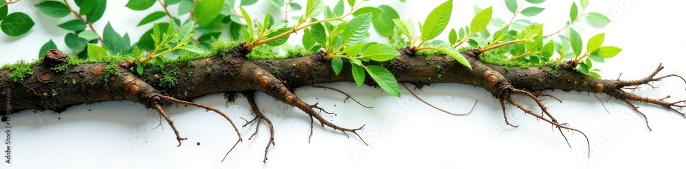Obraz premium Isolated roots on white background with few drops of water, forest, leaves, isolation