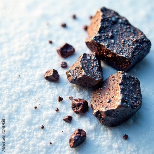 Iron ore crystals scattered on a snowy white surface, iron ore, speckled, metallic photo