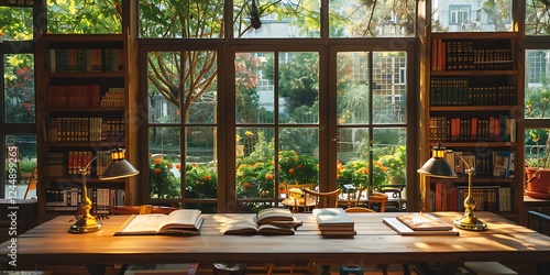 Wooden table with books and plants in cozy library interior