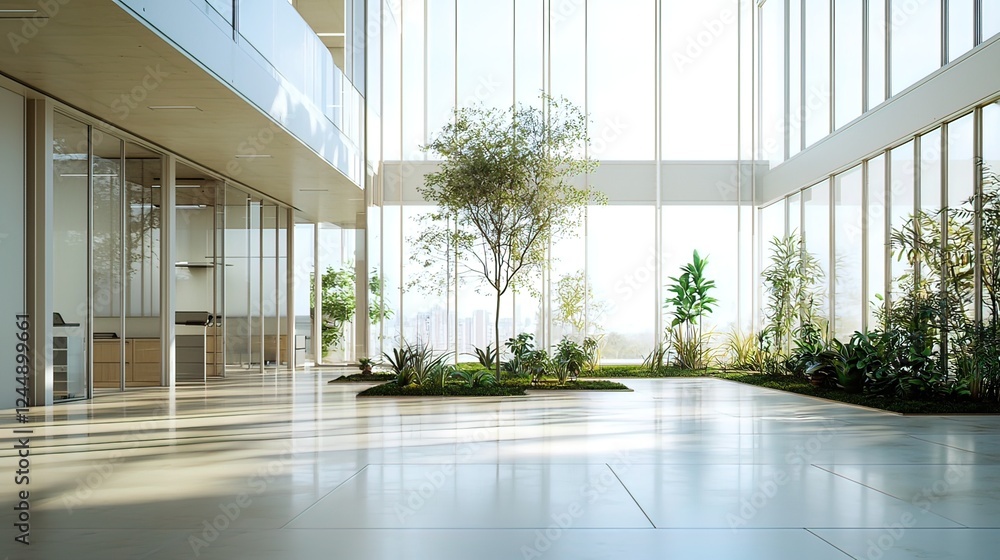 Sunlit modern office atrium with indoor plants and city view. Sunlit modern office atrium with indoor plants and city view.