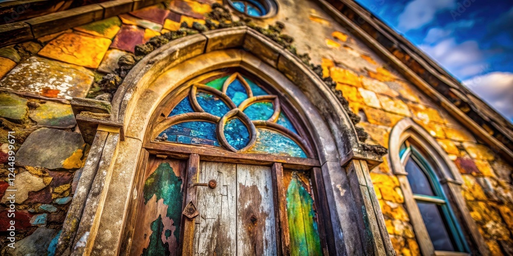 Obraz premium Close-up details reveal ancient church artistry: weathered stone, aged wood, stained glass, intricate textures.