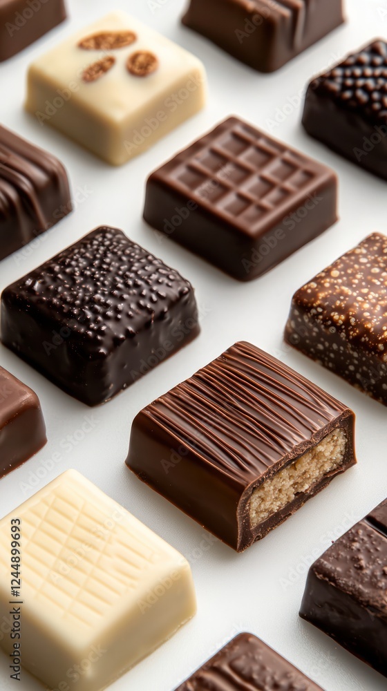 An assortment of various chocolate pieces arranged neatly on a surface. An assortment of various chocolate pieces arranged neatly on a surface.