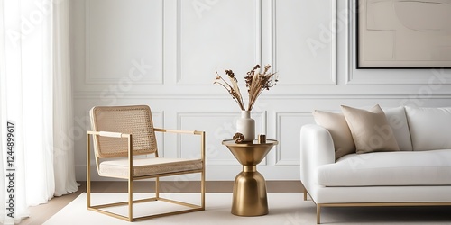 Wallpaper Mural Minimalist luxury living space featuring a beige armchair, white sofa, and gold side table, creating a serene and inviting ambiance with a stylish and sophisticated neutral color palette

 Torontodigital.ca