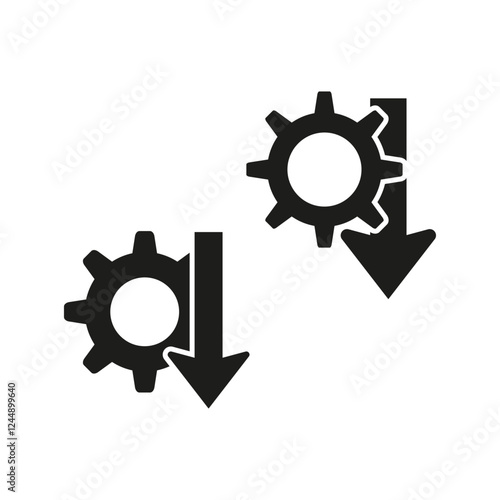 Gear down icons. Arrow drop symbol. Vector cog shape. Mechanical setting illustration.