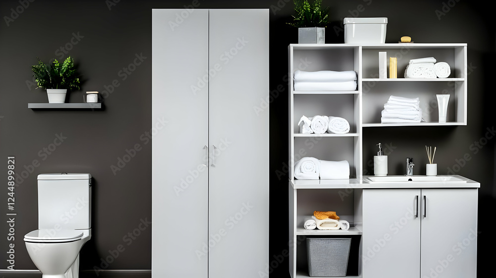 Stylish Modern Bathroom Interior Design features white cabinets, shelves, sink, toilet, and neatly organized towels and accessories. Stylish Modern Bathroom Interior Design features white cabinets, shelves, sink, toilet, and neatly organized towels and accessories.