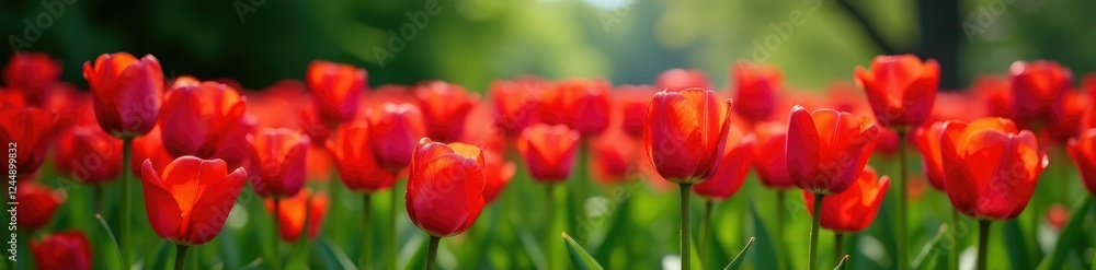 Lush greenery surrounds a field of red tulips, flower garden, natural Lush greenery surrounds a field of red tulips, flower garden, natural
