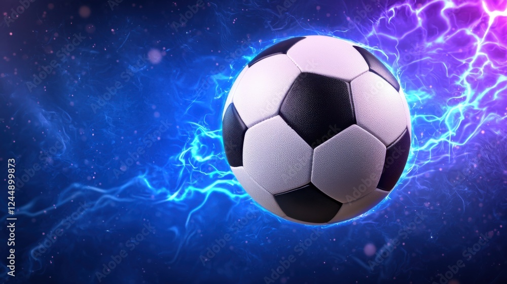 Fototapeta premium Closeup view of a soccer ball in mid air surrounded by a glowing dynamic cosmic backdrop with swirling energy and vibrant colors The ball appears to be in motion creating a sense of power and speed