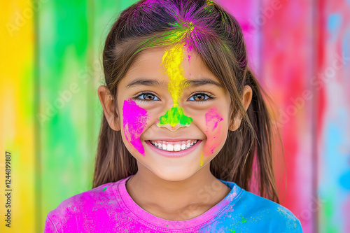 Young girl with vibrant Holi colors on face, smiling with excitement, celebrating joy, culture, and the festive spirit against a bright, colorful background. photo