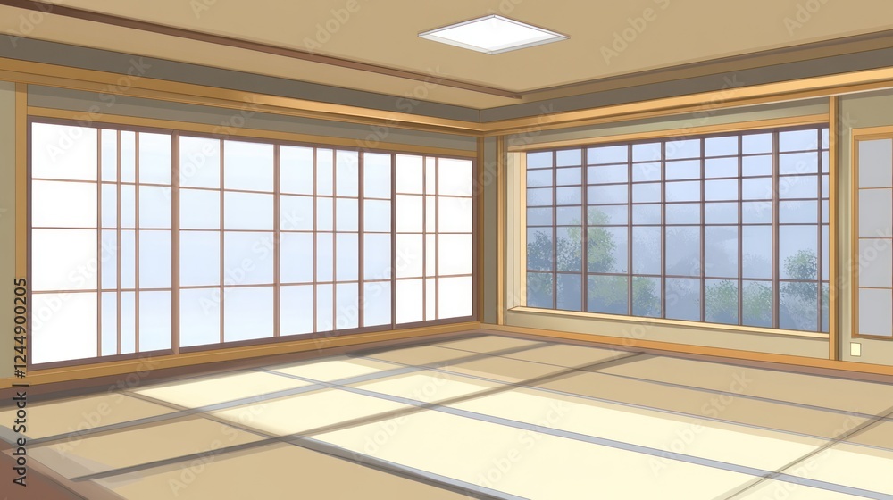 Obraz premium Sunlit Japanese-style room with tatami mats, shoji screens, and large windows offering a view of trees and mountains.