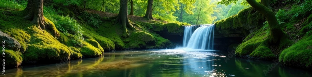 Fototapeta premium Riverbank moss with short waterfall amidst tall trees, greenery, moss, riverbank