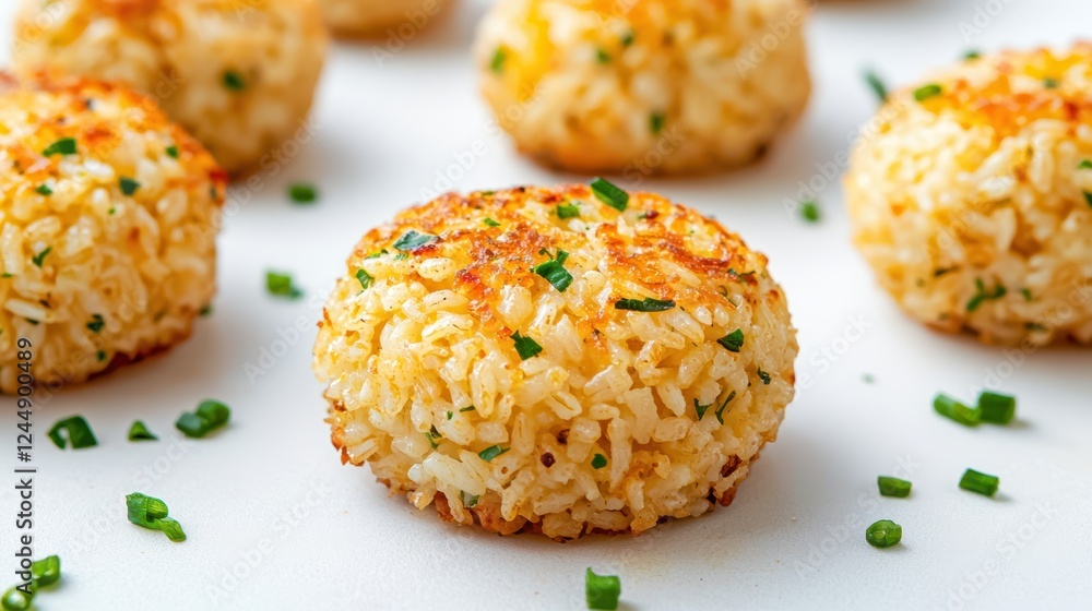 Fototapeta premium Zero-waste cooking concept. Golden, crispy rice cakes garnished with chives, arranged neatly on a white surface.