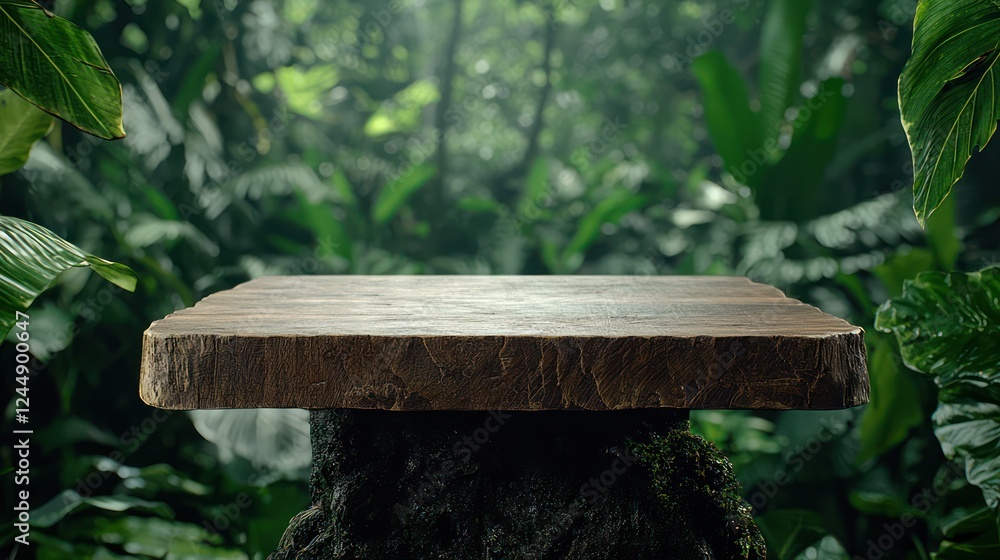 A wooden platform set amidst a lush, green jungle environment. A wooden platform set amidst a lush, green jungle environment.