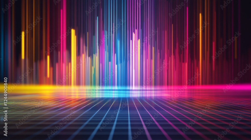 Colorful D bars rising from a digital grid floor, with subtle lighting and a gradient background to create a dynamic visual Colorful D bars rising from a digital grid floor, with subtle lighting and a gradient background to create a dynamic visual