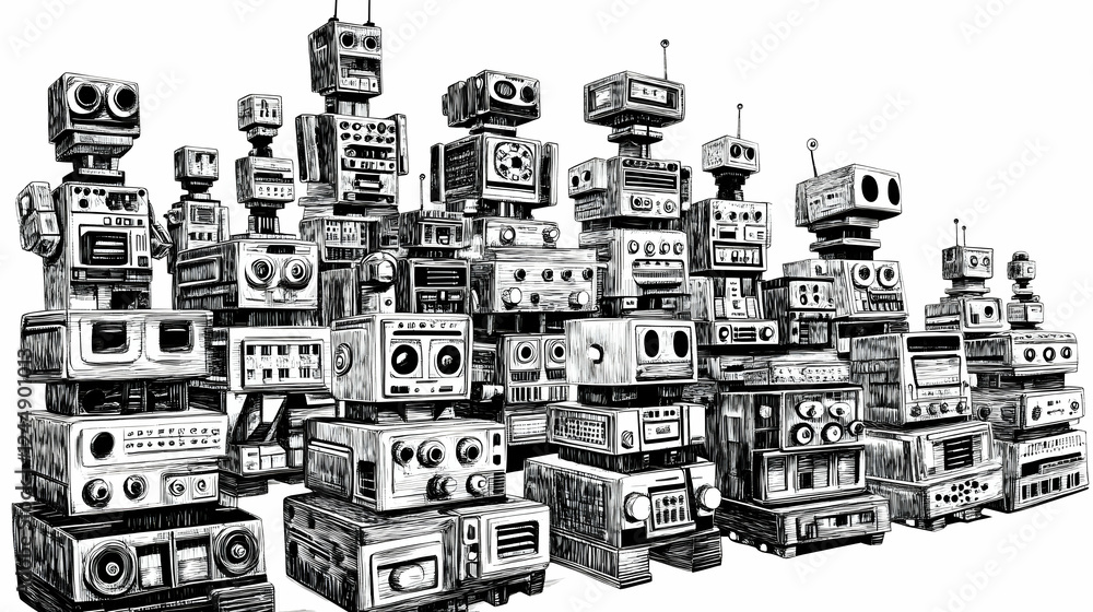 Naklejka premium Vintage Robots Assembled in a Group, a Monochromatic Illustration with Retro Design.