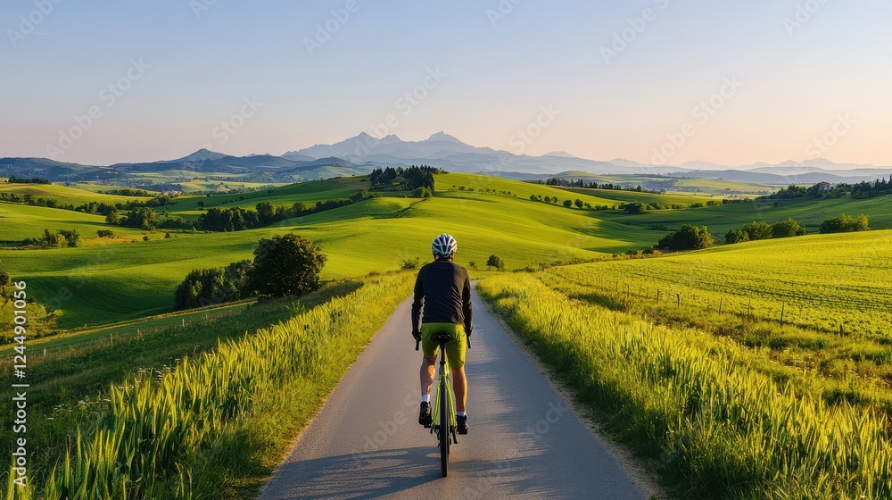 Fototapeta premium Cyclist pedaling along a peaceful and scenic rural road surrounded by lush green fields rolling hills and picturesque countryside landscape Outdoor adventure and active lifestyle concept