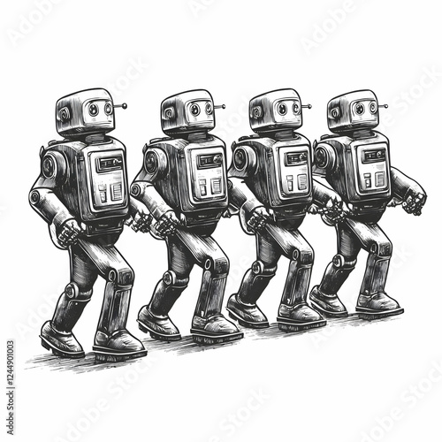 Four Retro Robots Walk in Unison, Showcasing Vintage Technology and Mechanical Design photo