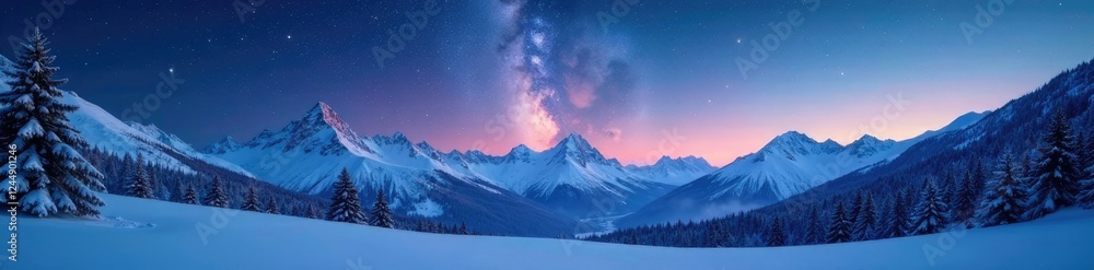Serene winter landscape with Milky Way arching over snow-capped mountains, milky way, serene Serene winter landscape with Milky Way arching over snow-capped mountains, milky way, serene