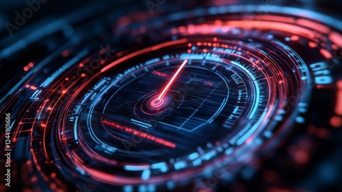 Wallpaper Mural Futuristic digital speed gauge with glowing lines, needle pointing to maximum, set against a dark high-tech background Torontodigital.ca