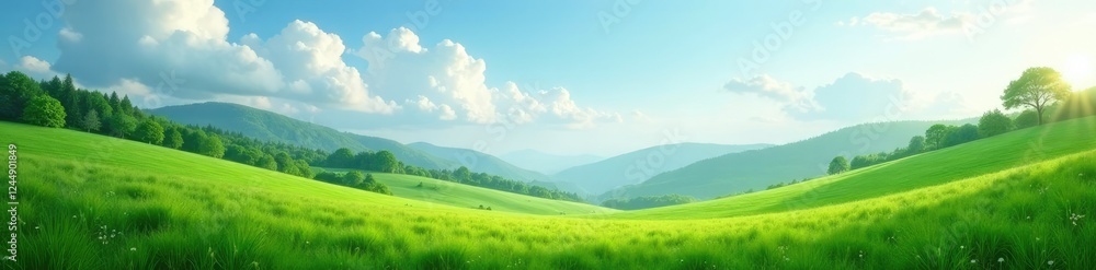 Soothing landscape with soft white clouds and greenery, soft focus, peaceful, calming Soothing landscape with soft white clouds and greenery, soft focus, peaceful, calming