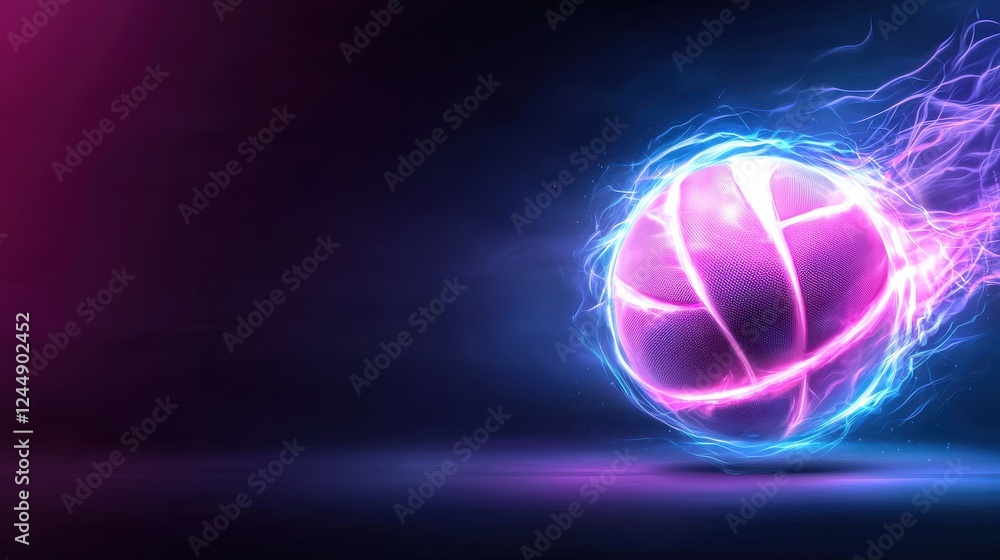 Explosive moment of a volleyball player spiking the ball with a glowing luminous ball surrounded by a dynamic energy field of light and electricity creating a futuristic Explosive moment of a volleyball player spiking the ball with a glowing luminous ball surrounded by a dynamic energy field of light and electricity creating a futuristic