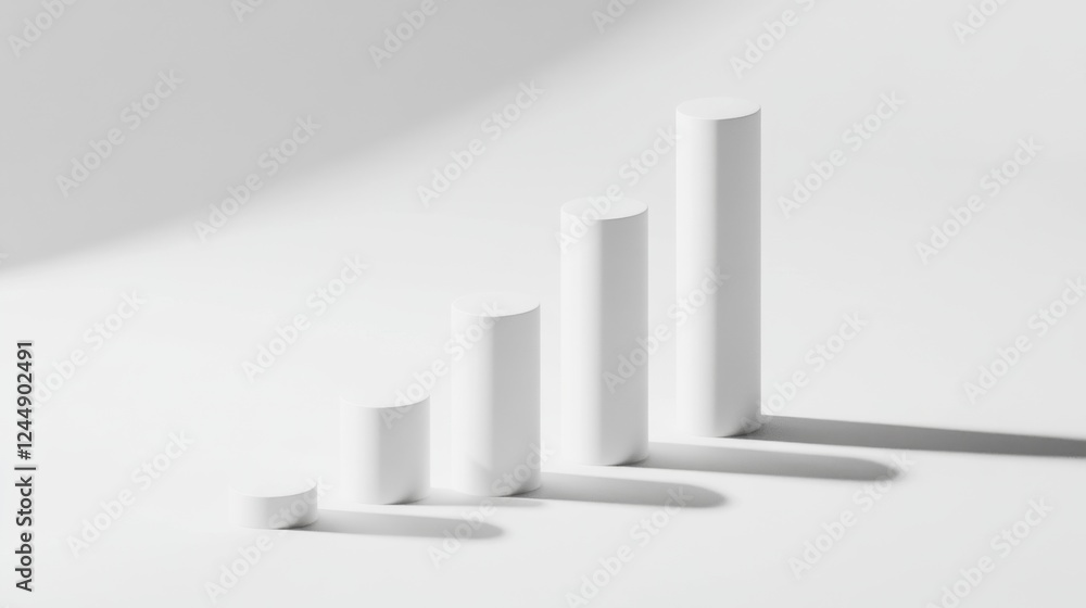 Minimalist D bar chart with tall, sleek bars in monochromatic tones, casting shadows on a clean, white background
