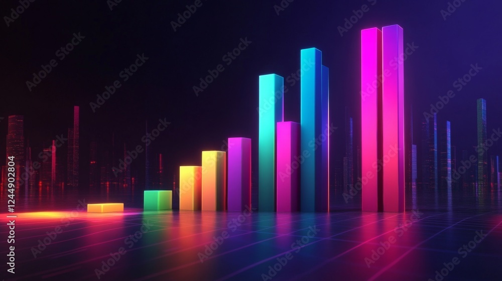 Modern D bar chart with neon-colored bars and gradient lighting, set against a dark background for a futuristic look Modern D bar chart with neon-colored bars and gradient lighting, set against a dark background for a futuristic look
