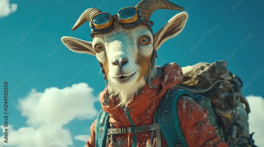 A smiling goat wearing goggles and a backpack, ready for adventure against a bright blue sky. A smiling goat wearing goggles and a backpack, ready for adventure against a bright blue sky.