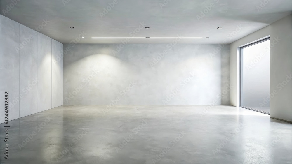 Obraz premium Empty Modern Room with Concrete Floor and Wall, Large Window, and Recessed Lighting