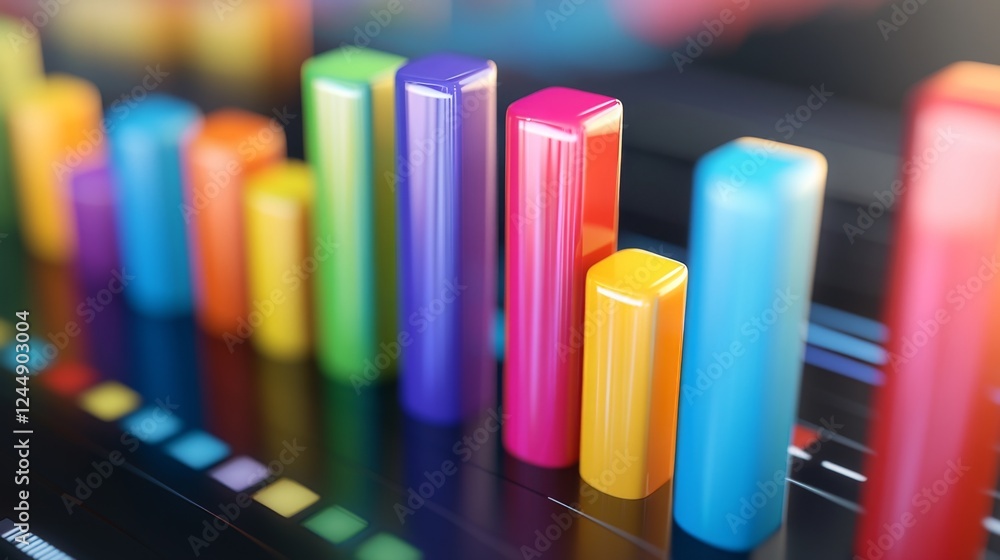 Multi-colored D bar graph on a glossy surface, with each bar casting distinct shadows, giving a sharp, vibrant appearance Multi-colored D bar graph on a glossy surface, with each bar casting distinct shadows, giving a sharp, vibrant appearance