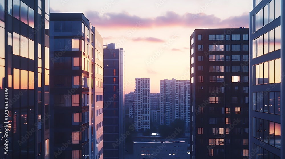 Obraz premium Sunset Cityscape: Modern Architecture at Dusk