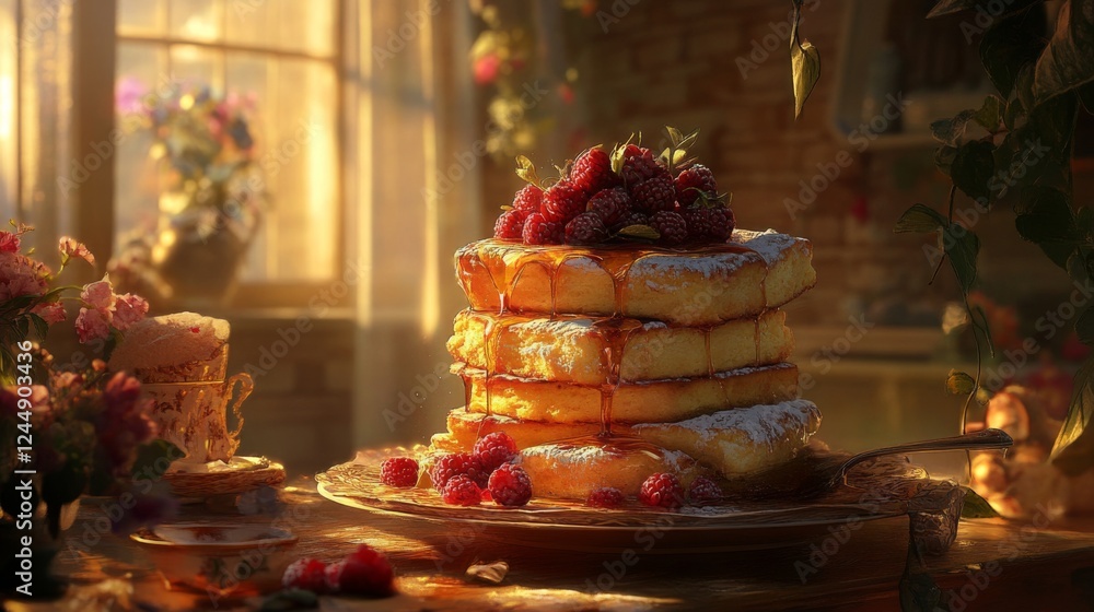 Stack of buttery French toast drizzled with syrup and topped with fresh berries, creating a delicious, inviting breakfast scene Stack of buttery French toast drizzled with syrup and topped with fresh berries, creating a delicious, inviting breakfast scene