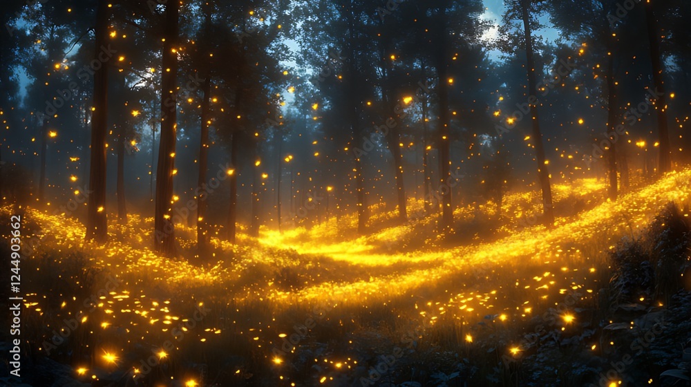 Naklejka premium Enchanted Forest Night, Glowing Path, Firefly Magic, Fantasy Background