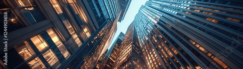 Wallpaper Mural Low angle view of skyscrapers at dusk, city lights illuminating windows. Torontodigital.ca