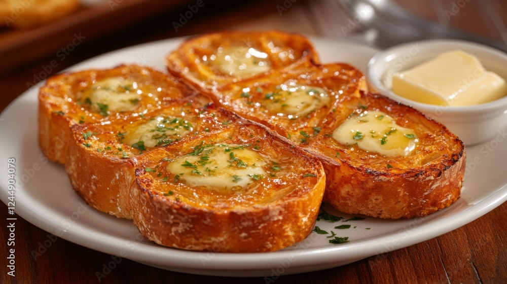Toasted bread with a golden-brown crust, arranged with pats of butter melting on top, placed on a white ceramic plate for a classic morning meal Toasted bread with a golden-brown crust, arranged with pats of butter melting on top, placed on a white ceramic plate for a classic morning meal