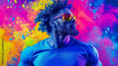 Athletic indian man in vibrant Holi colors with dynamic background of exploding powder, celebrating culture, energy, freedom, and festival joy with powerful, artistic expression. photo