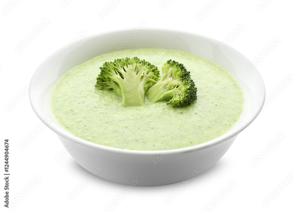 Delicious broccoli cream soup in bowl isolated on white Delicious broccoli cream soup in bowl isolated on white
