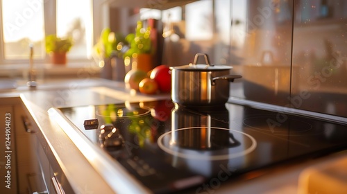 Interior of a blurred kitchen with modern electric stove, induction cook top. Closeup photo