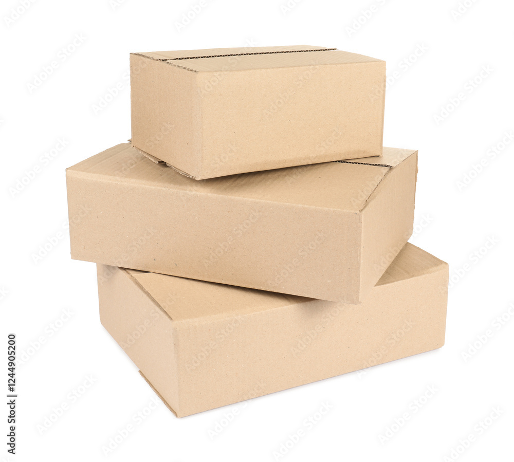 Stack of cardboard parcel boxes isolated on white