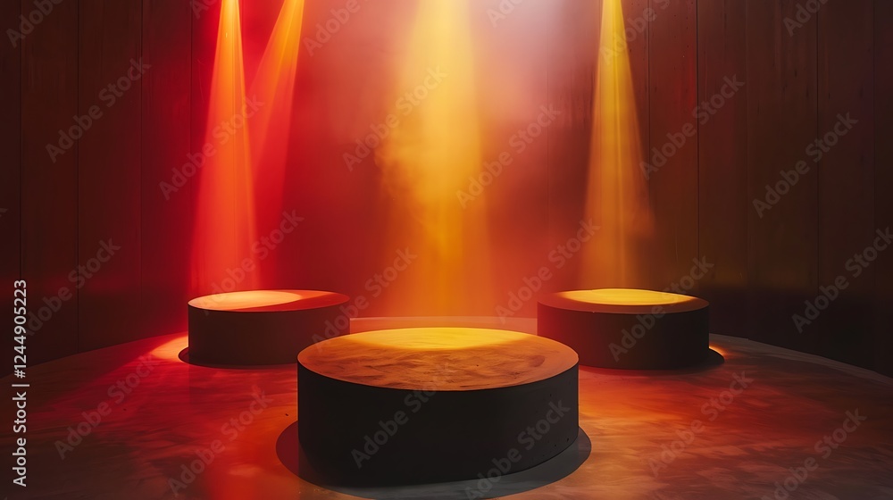 A composition of three circular podiums crafted from matte black material, illuminated by rotating beams of red, orange, and yellow light, set in a dark room with subtle haze. A composition of three circular podiums crafted from matte black material, illuminated by rotating beams of red, orange, and yellow light, set in a dark room with subtle haze.