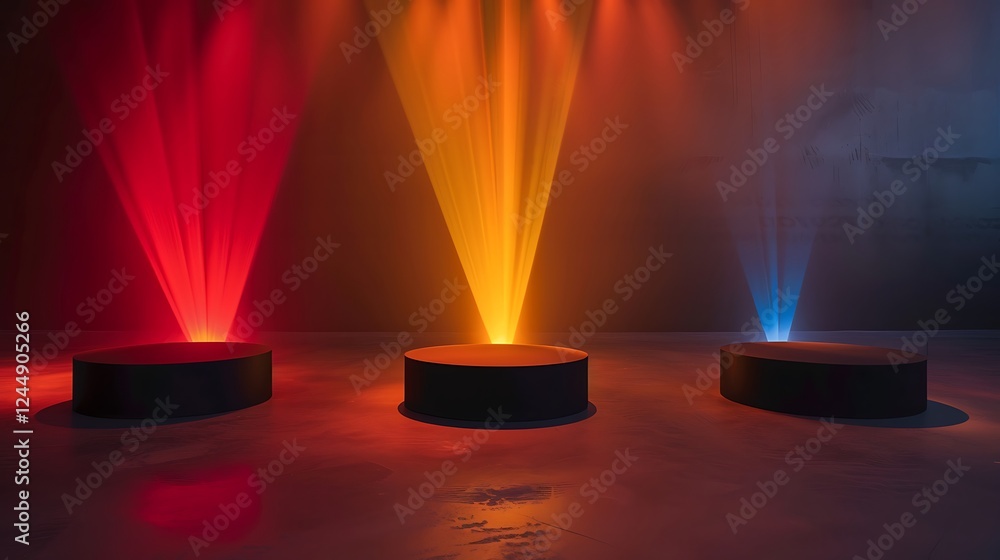 A composition of three circular podiums crafted from matte black material, illuminated by rotating beams of red, orange, and yellow light, set in a dark room with subtle haze. A composition of three circular podiums crafted from matte black material, illuminated by rotating beams of red, orange, and yellow light, set in a dark room with subtle haze.