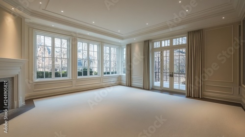 Elegant empty room with large windows, fireplace, and neutral decor.