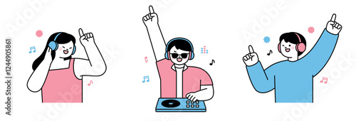 Minimalist illustration of people enjoying music, dancing, and DJing. Characters wear headphones, raise hands, and feel the rhythm. Perfect for themes of music, nightlife, and entertainment. 