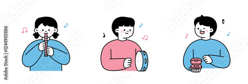 Minimalist illustration of children playing musical instruments, including a recorder, tambourine, and castanets. A fun and cheerful scene perfect for themes of music, learning, and childhood.